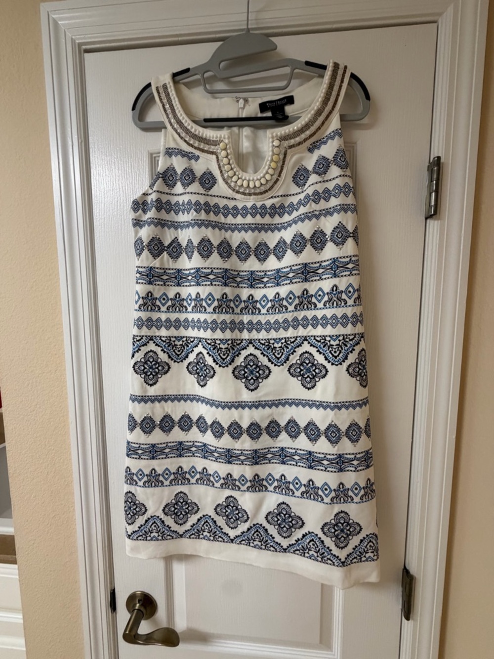 White House Black Market Ivory and Navy Embroidered Beaded Neckline Mini Dress